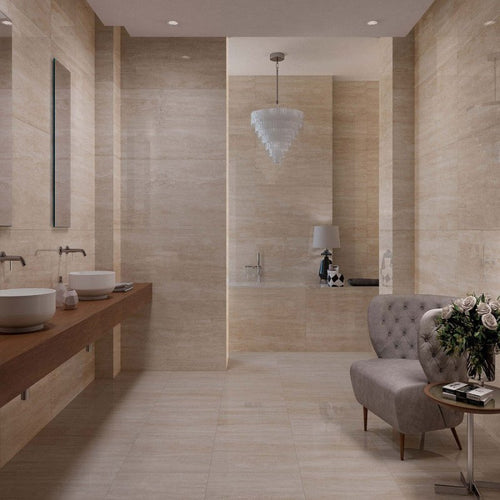 Carrelage salle de bain imitation travertin - Articonnex