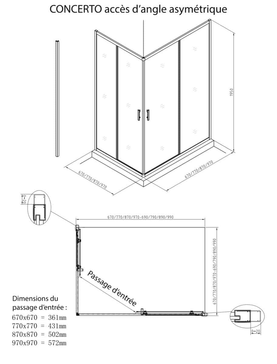 Paroi douche et bain  -  Paroi de douche Alterna Concerto accès en angle un côté réversible longueur 70 cm profilé blanc verre transparent ALTERNA
