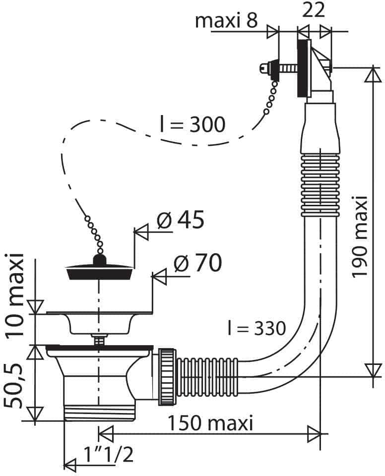Bonde Altech plastique evier inox avec trop plein 1 cuve diamètre 50 à bouchon