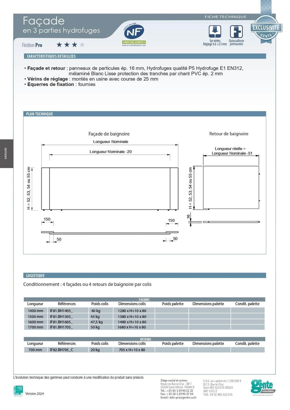 Façade de baignoire de 3 éléments Hydrofuges 1500X540 IF81.BH15054 GENTE