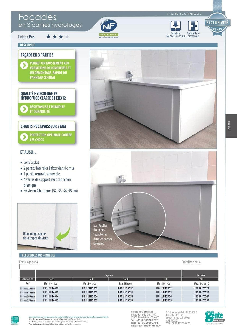 Façade de baignoire de 3 éléments Hydrofuges 1500X540 IF81.BH15054 GENTE