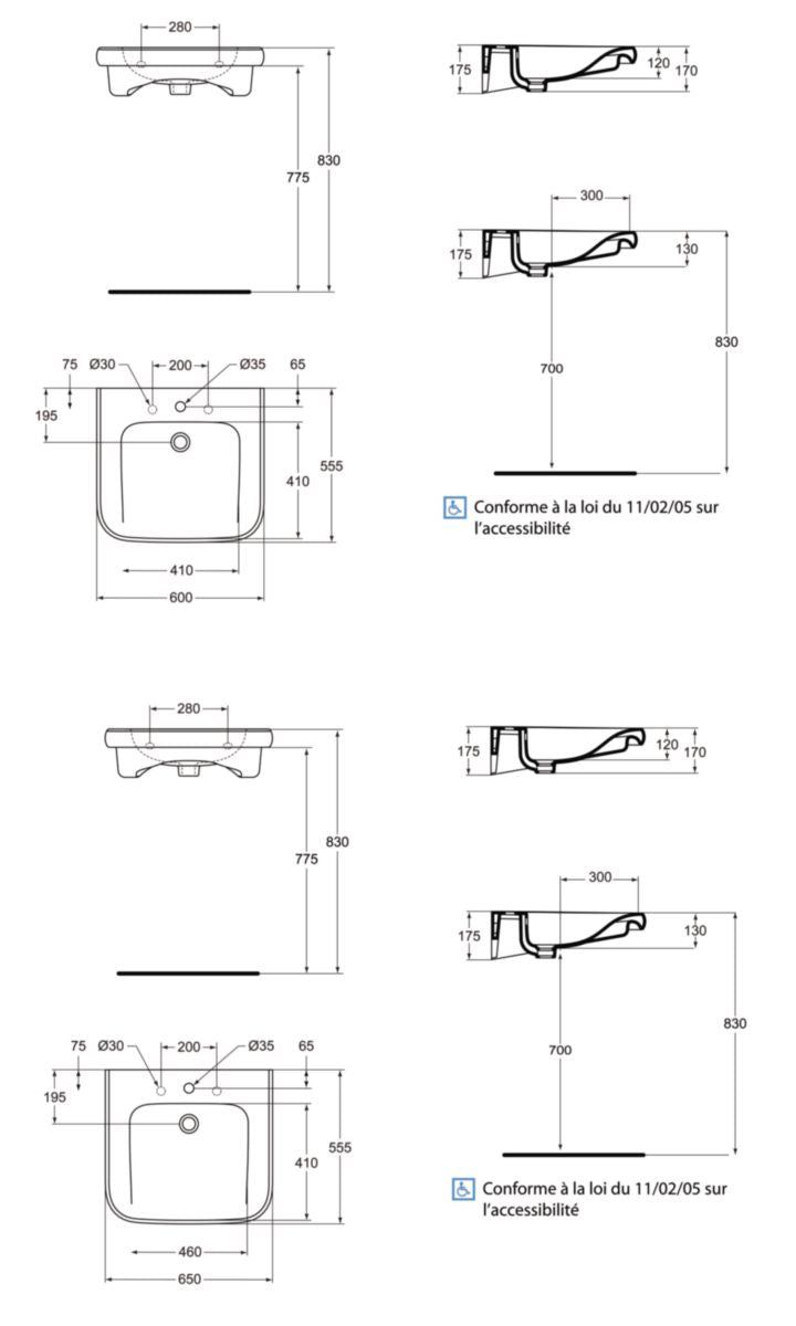 Lavabo MATURA 2 60 x 55 cm en porcelaine, percé un trou, blanc Réf. S221901 PORCHER