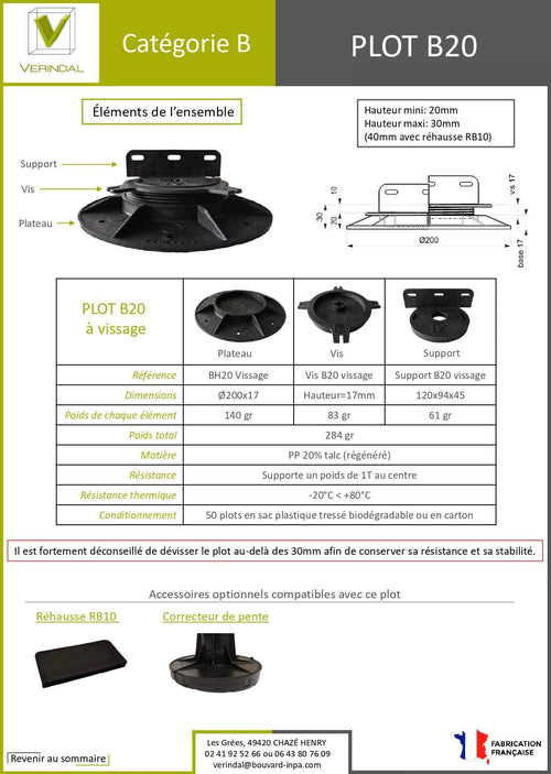 Plot terrasse bois réglable de 20 à 30 mm - B20 - Vérindal