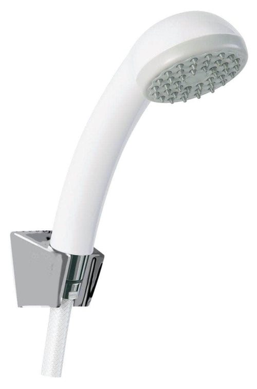 Set de douche Primeo avec support mural fixe chromé, flexible, douchette 1 jet pluie, système anti - calcaire avec picots souples, blanche ALTERNA