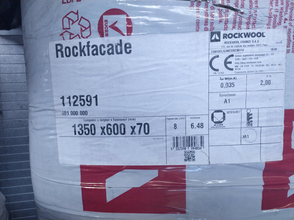 Panneau laine de roche - Rockwool Rockfaçade - R=2 - Ep=70mm - 1350 x 600