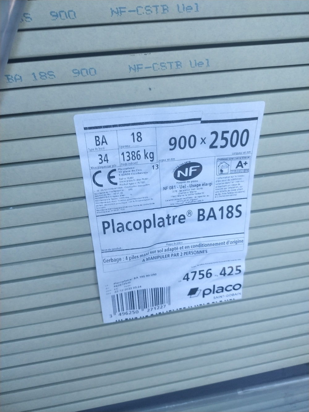 Plaque de plâtre BA18S - 2500 x 900 x 18 mm - Placoplatre