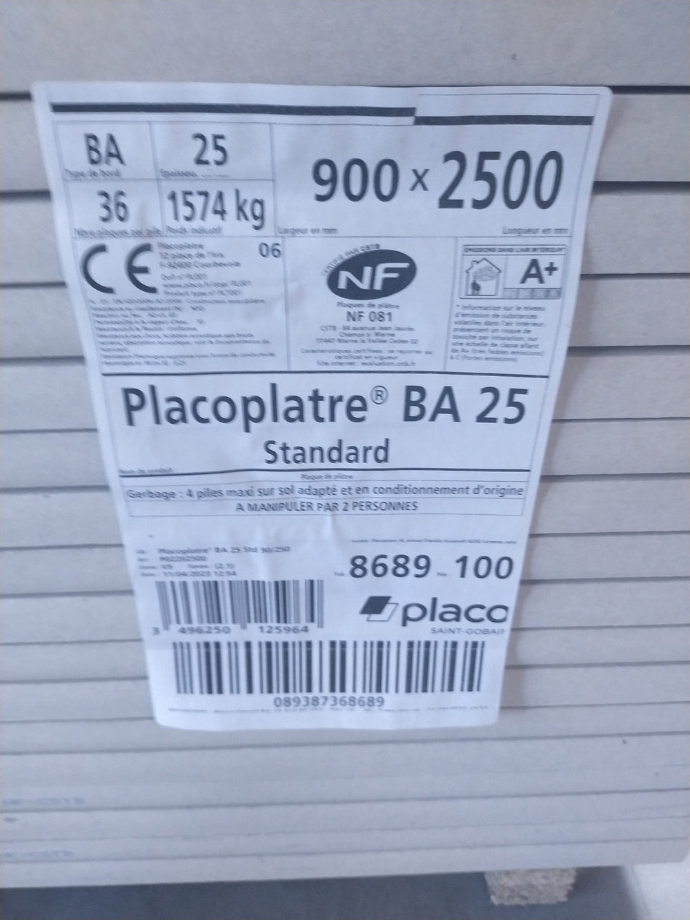Plaque de plâtre BA25 - 2500 x 900 x 25 mm - Placoplatre