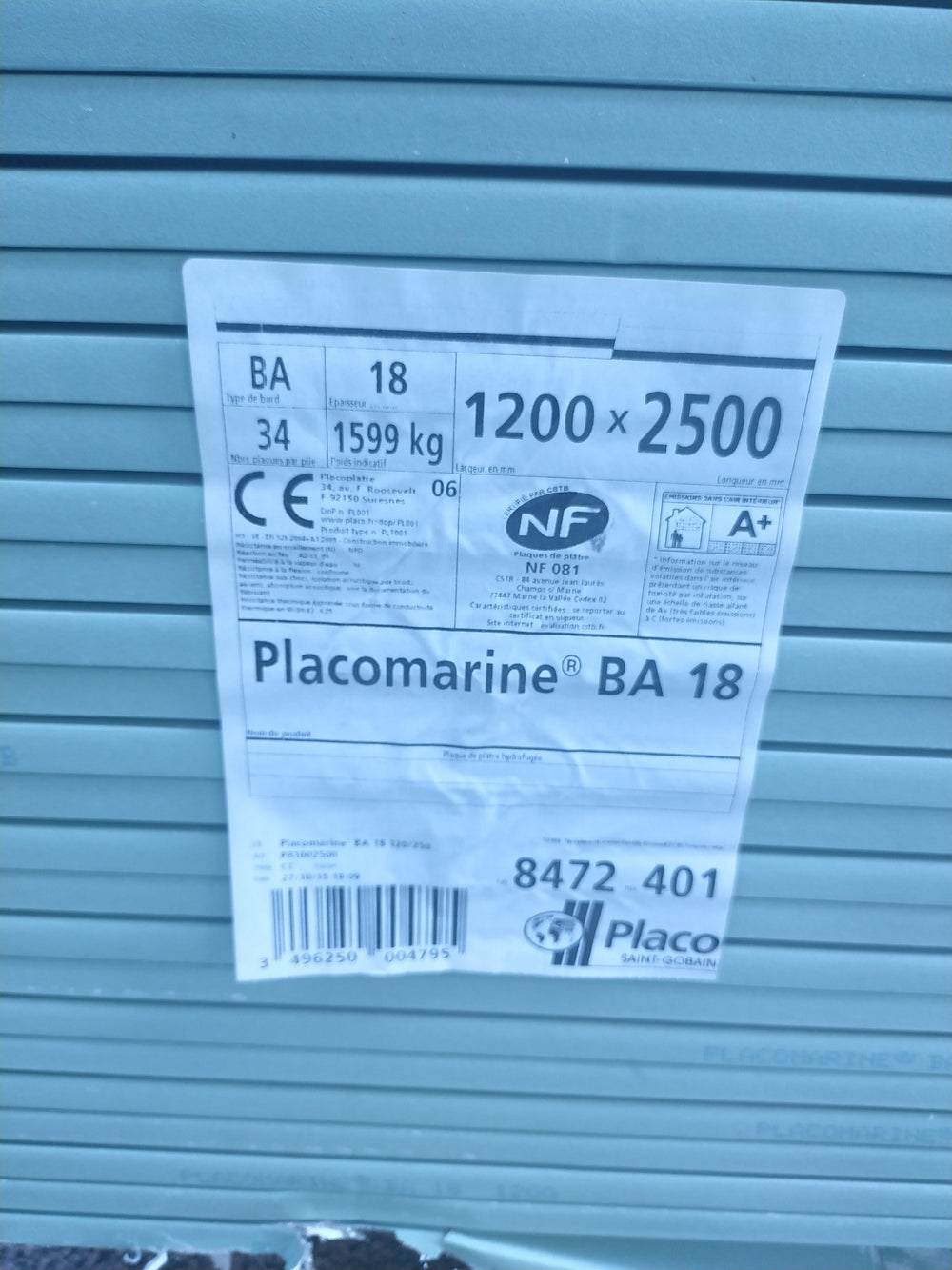 Plaque de plâtre BA18 - 2500 x 1200 x 18 mm - Placomarine