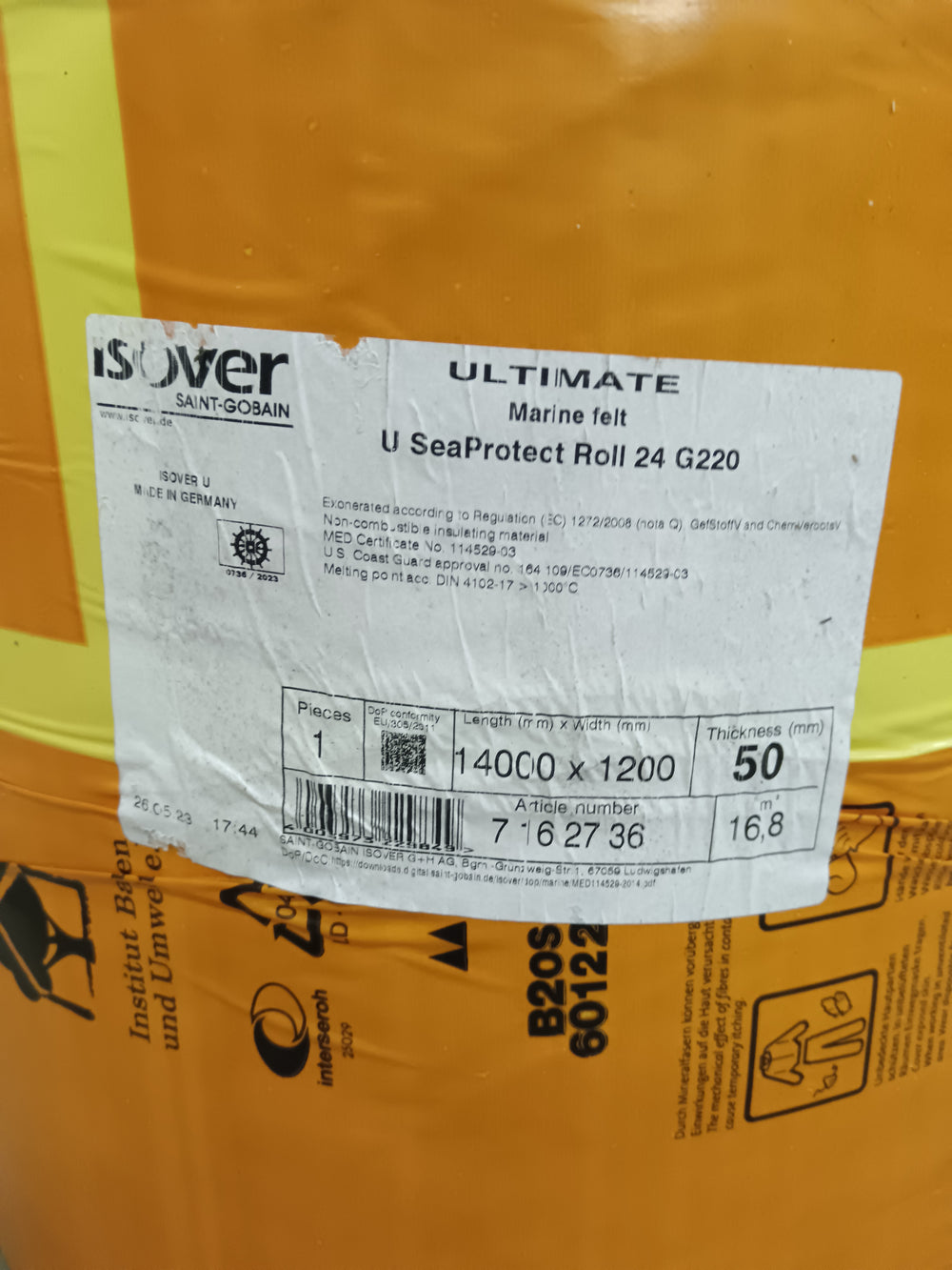 Rouleau laine minérale  - 14000 x 1200 x 50 mm - Isover U SEA PROTECT ROLL 24 G220