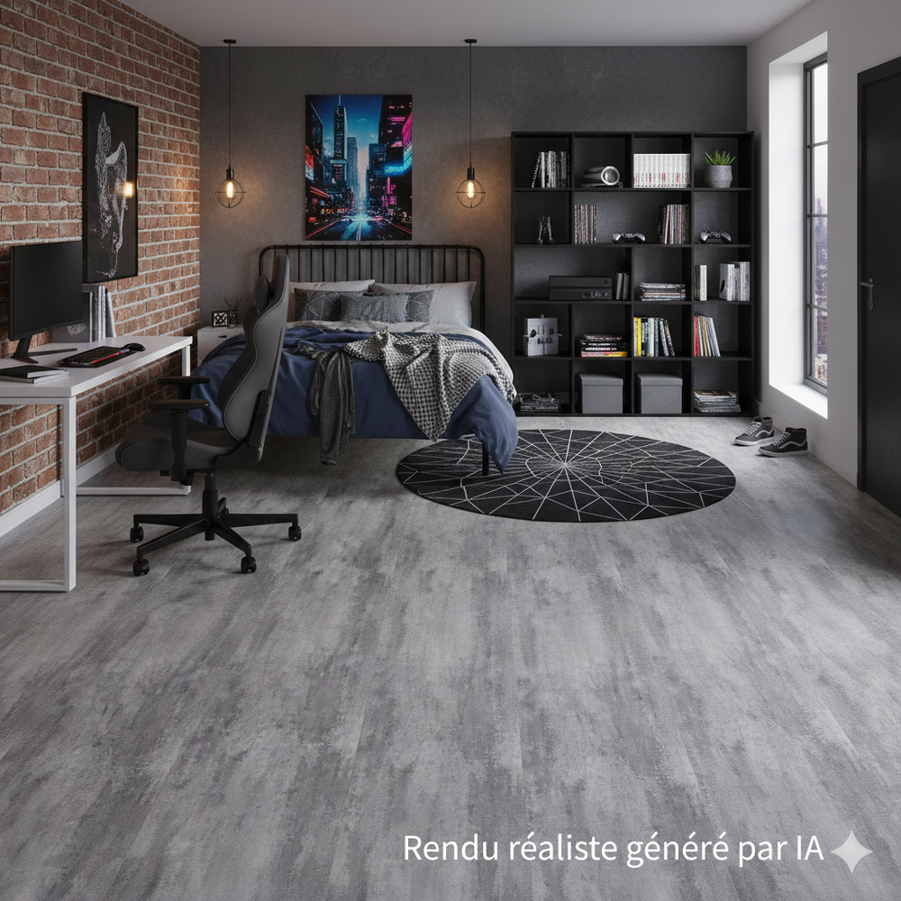 Sol PVC-SPC clipsable imitation carrelage gris moyen béton indus - 940 x 470 × 6 mm sous-couche intégrée (SPC104)