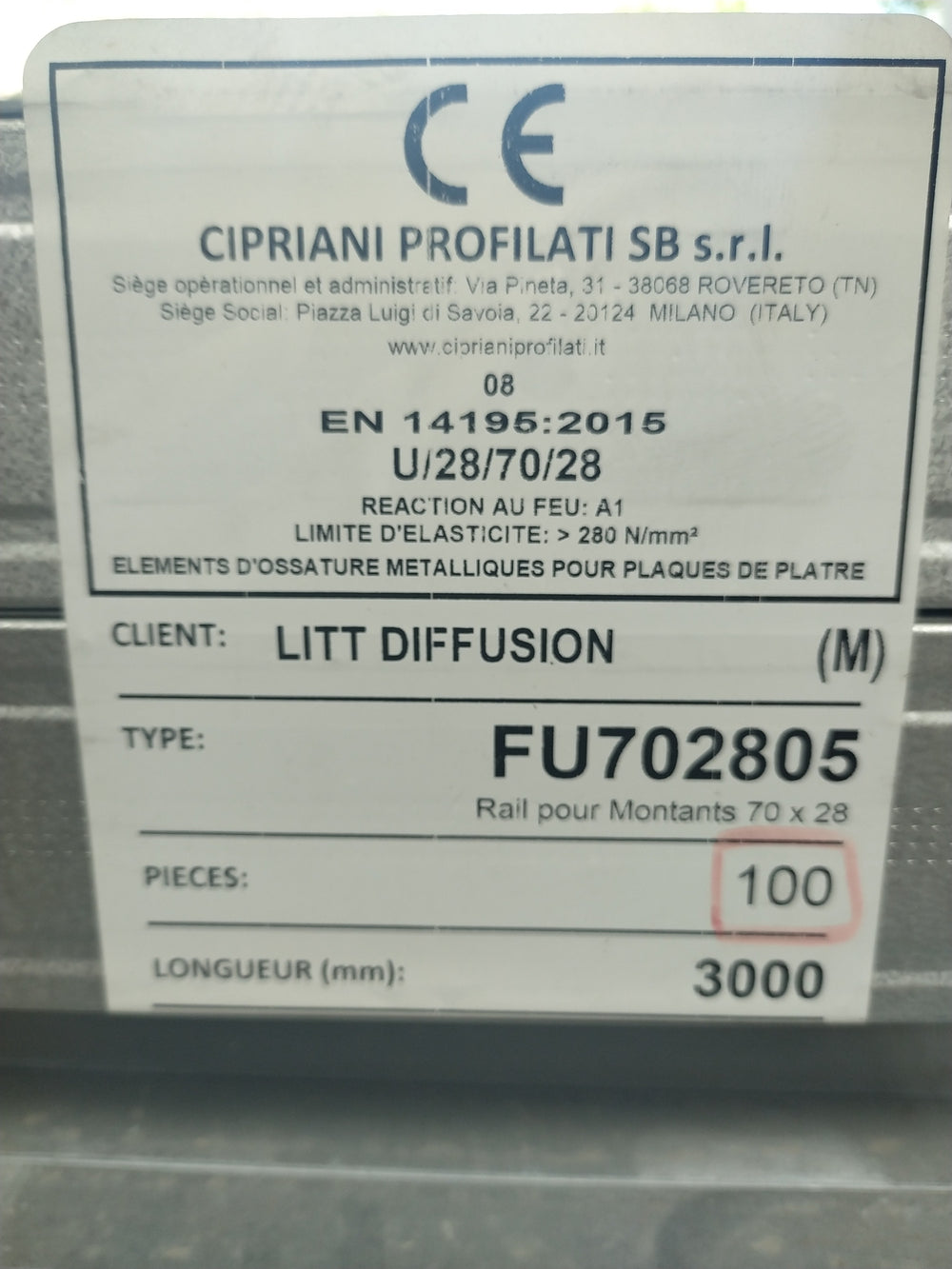 Rail pour montant placo - 3000 x 70 x 40 mm - CIPRIANI