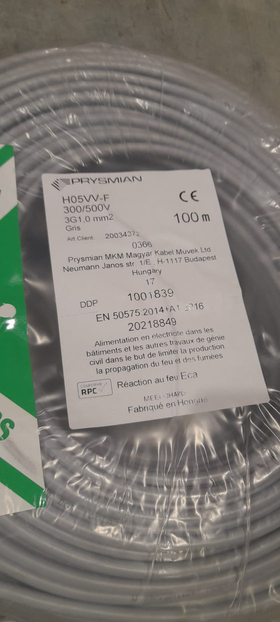 Cable électrique 100 m gris - Prysmian 3x1 mm — vue 2