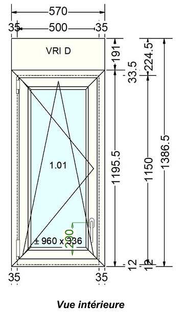 Fenêtre PVC blanc 9016 satine classe 1 - 1150 x 500 mm - Bouvet Thermience gauche VRI