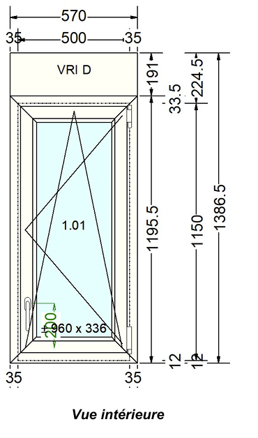 Fenêtre PVC blanc 9016 satine classe 1 - 1150 x 500 mm - Bouvet Thermience droite VRI