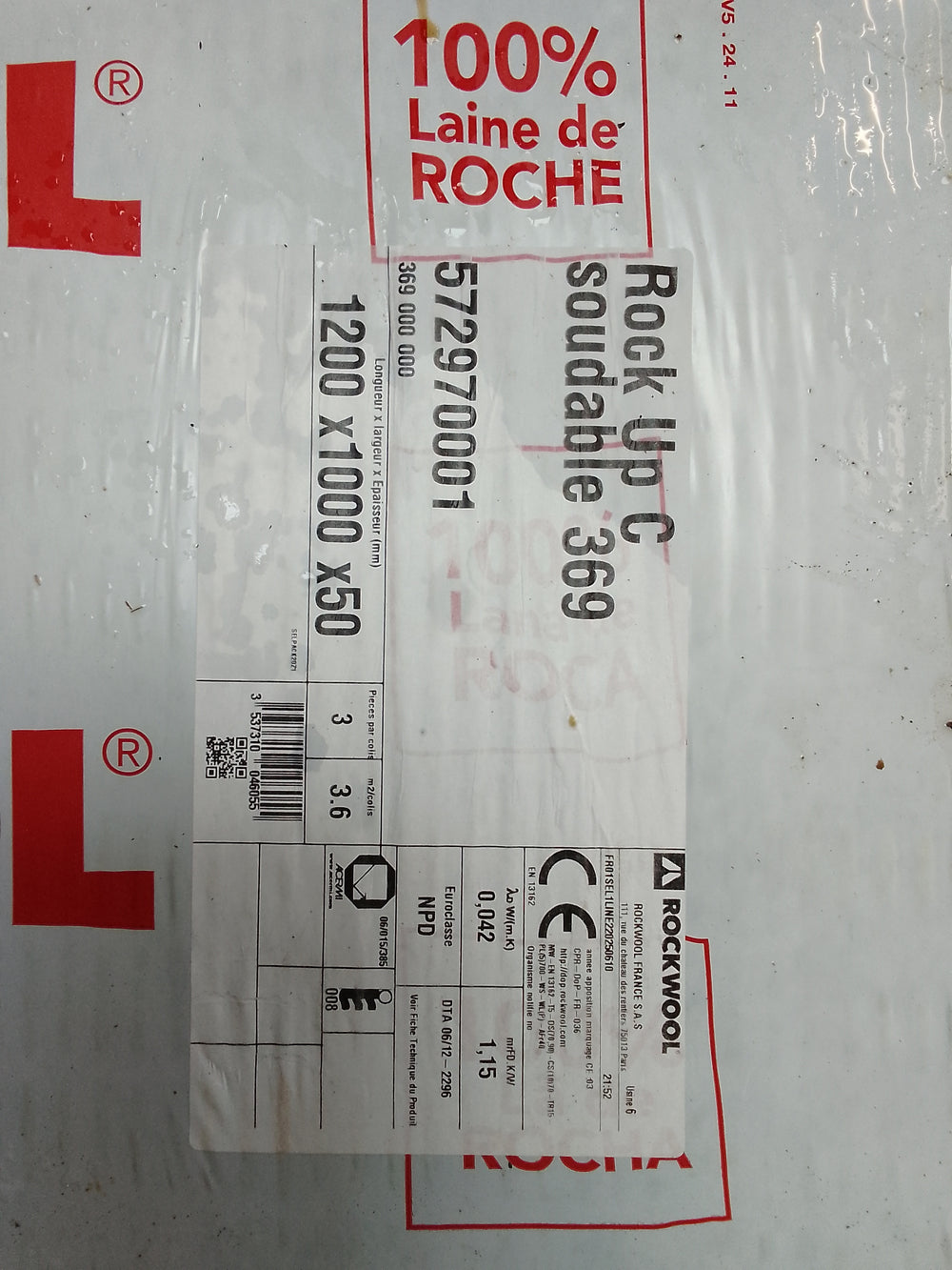 Panneau laine de roche vert - 1200 x 1000 mm - Ep=50mm - ROCKWOOL (Rock Up C soudable 369)