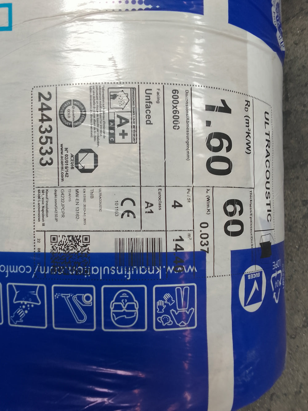 Rouleau laine de verre Ultracoustic - Knauf . - R=1.6 - Ep=60mm - 6000 x 600