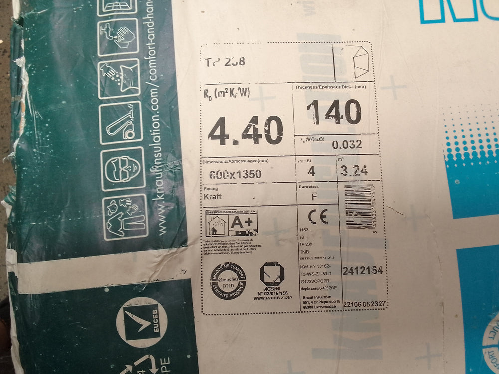 Isolant laine de verre TP238 Ecose - Knauf (4 unité par paquet) - R=4.4 - Ep=140mm - 1350 x 600