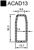 Divers  -  Tube de renfort acier galva ACAD1300, ép : 1,5 mm, longueur : 6m, section 36,3 x 15,7 x 8,8 mm