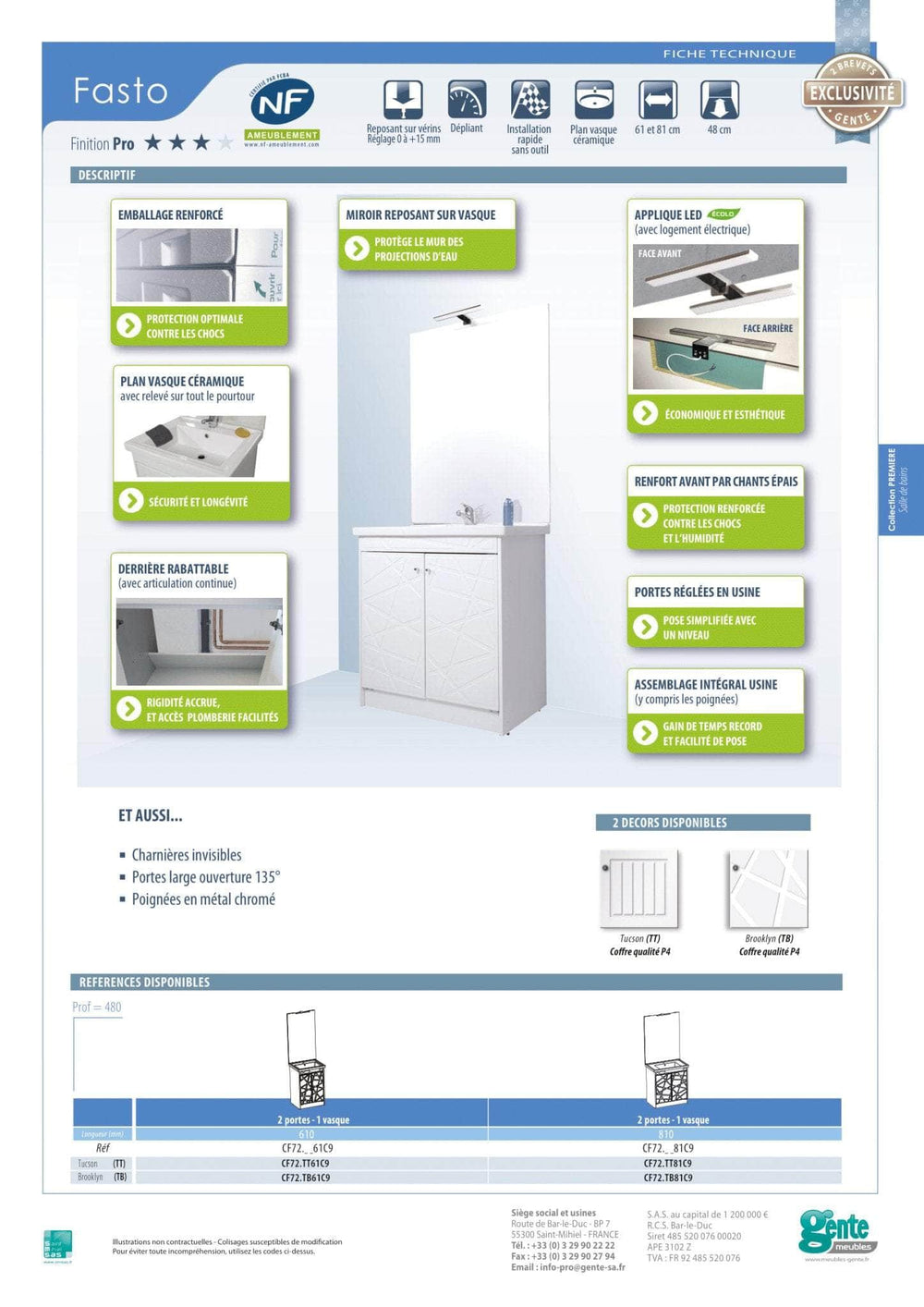 Meuble sanitaires  -  Meuble Sous Plan 2 Portes 550x460x820 Mm Finition Tucson Gente