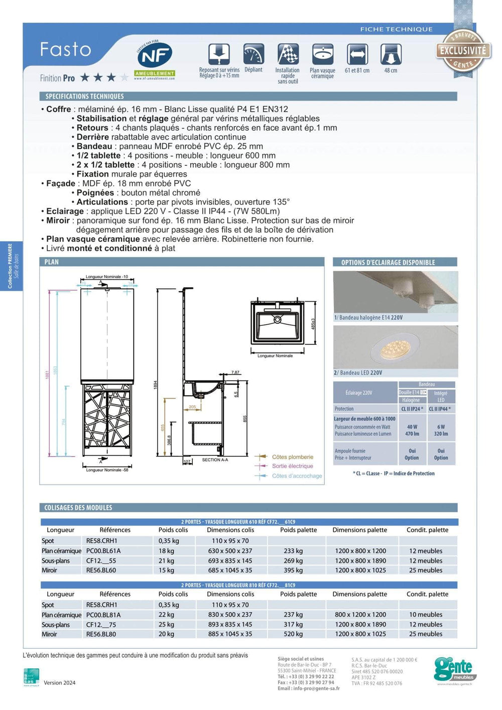 Meuble sanitaires  -  Meuble Sous Plan 2 Portes 550x460x820 Mm Finition Tucson Gente