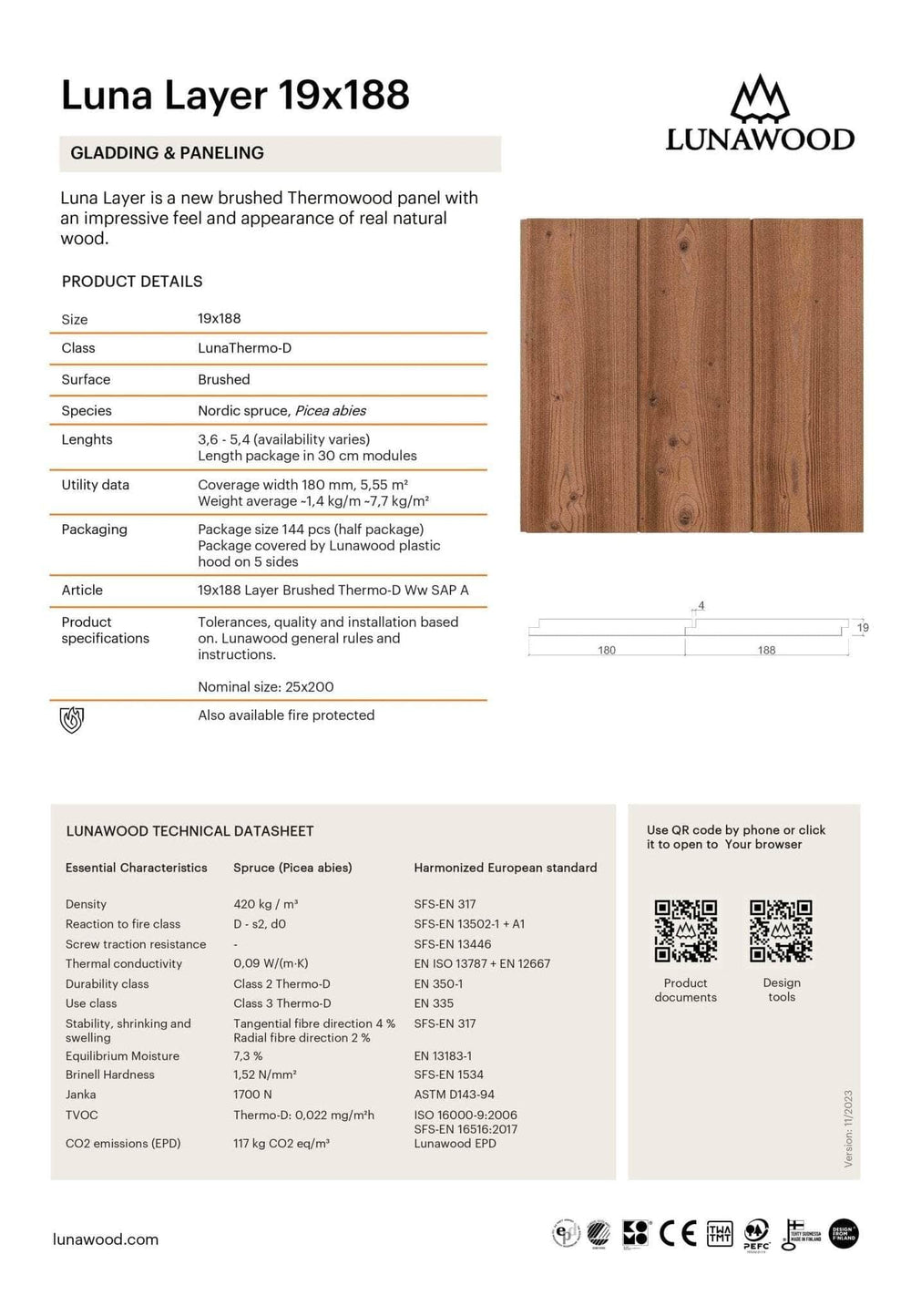 Bardage Epicéa  -  Bardage épicéa classe 3 - 19x188 - L=3,9 m (Thermowood profil Luna)