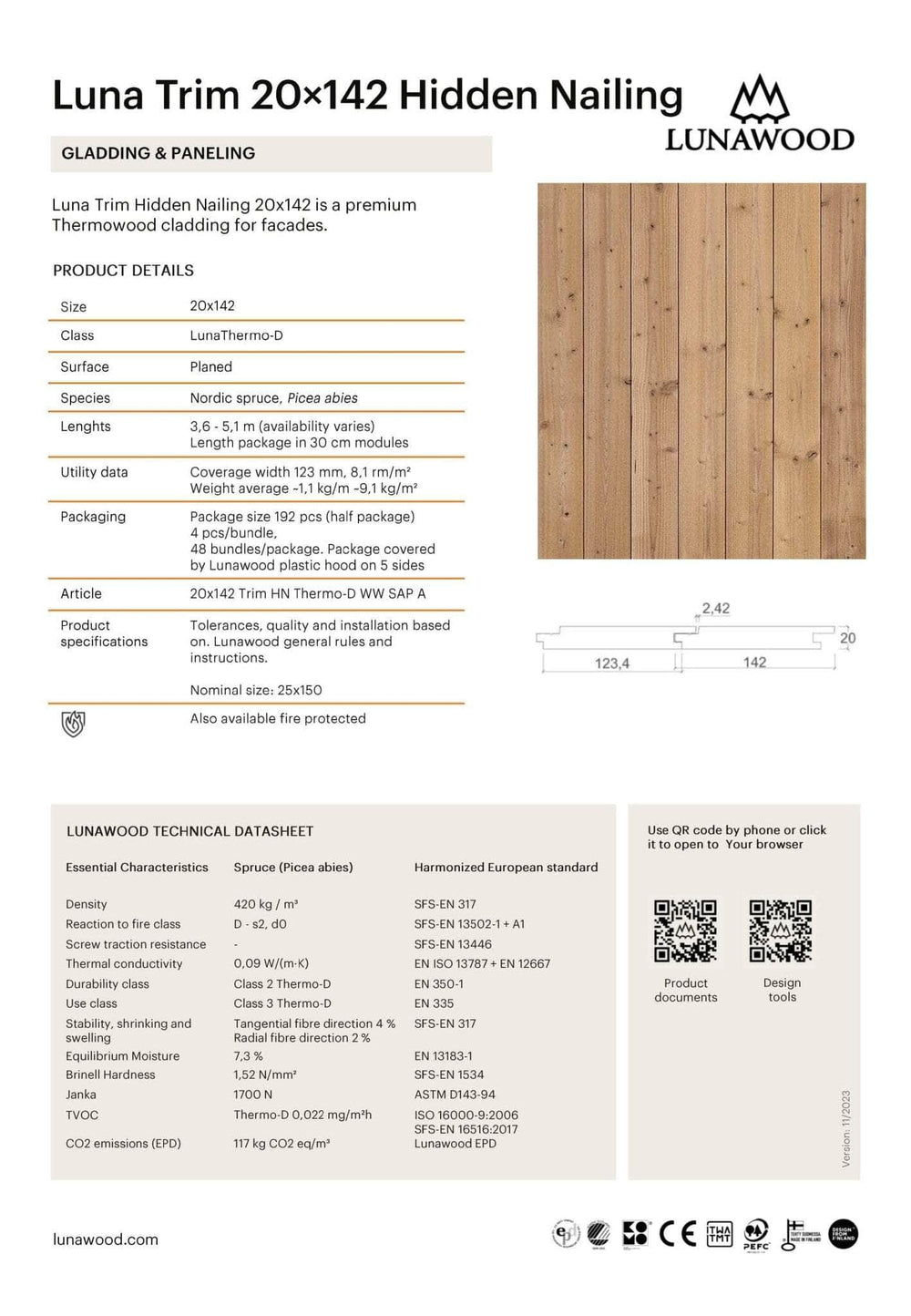 Bardage Epicéa  -  Bardage épicéa classe 3 - 20x142 - L=2,4 m (Thermowood profil Trim)