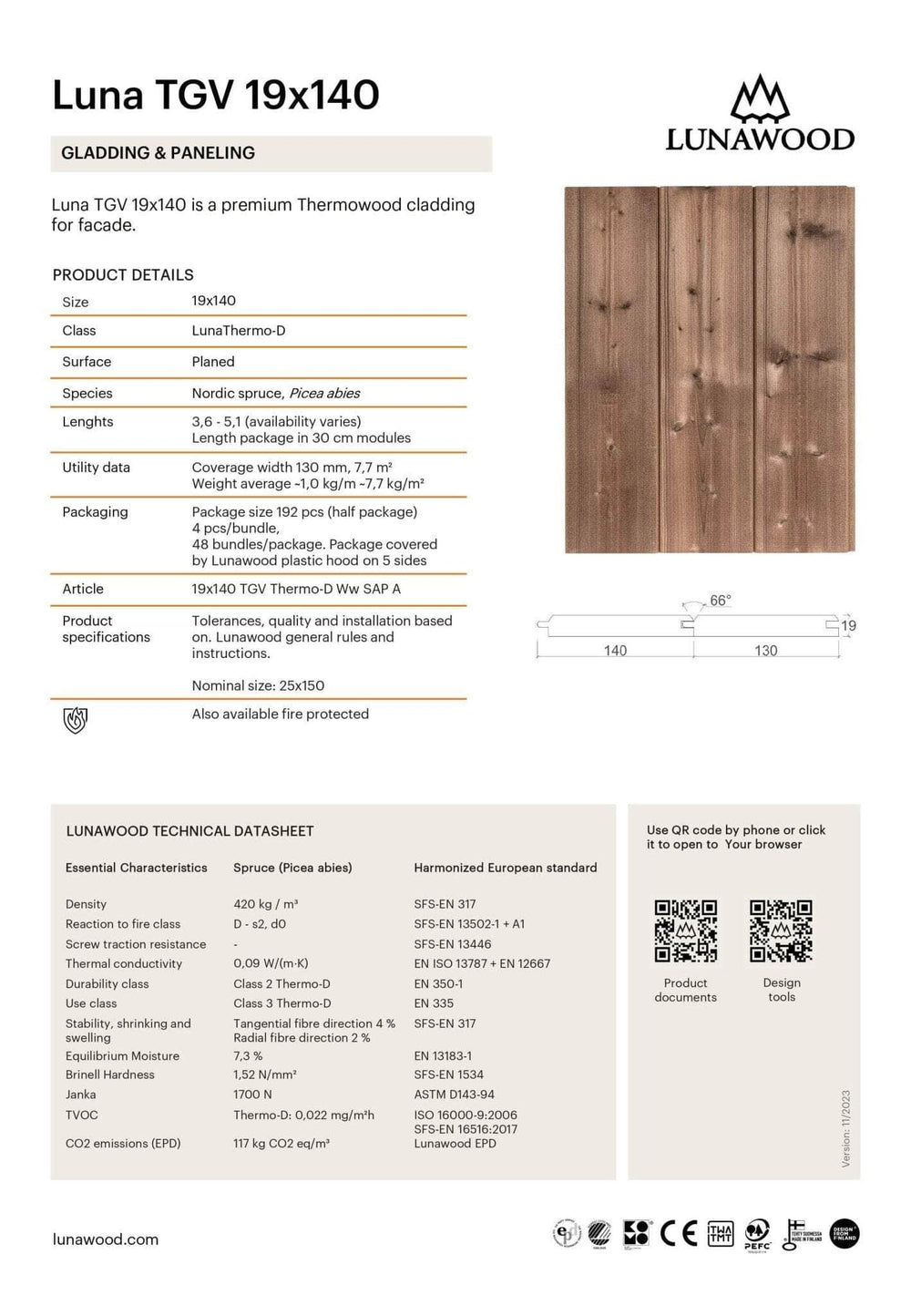 Bardage Epicéa  -  Bardage épicéa classe 3 - 19x140 - L=2,1 m (Thermowood profil TGV)