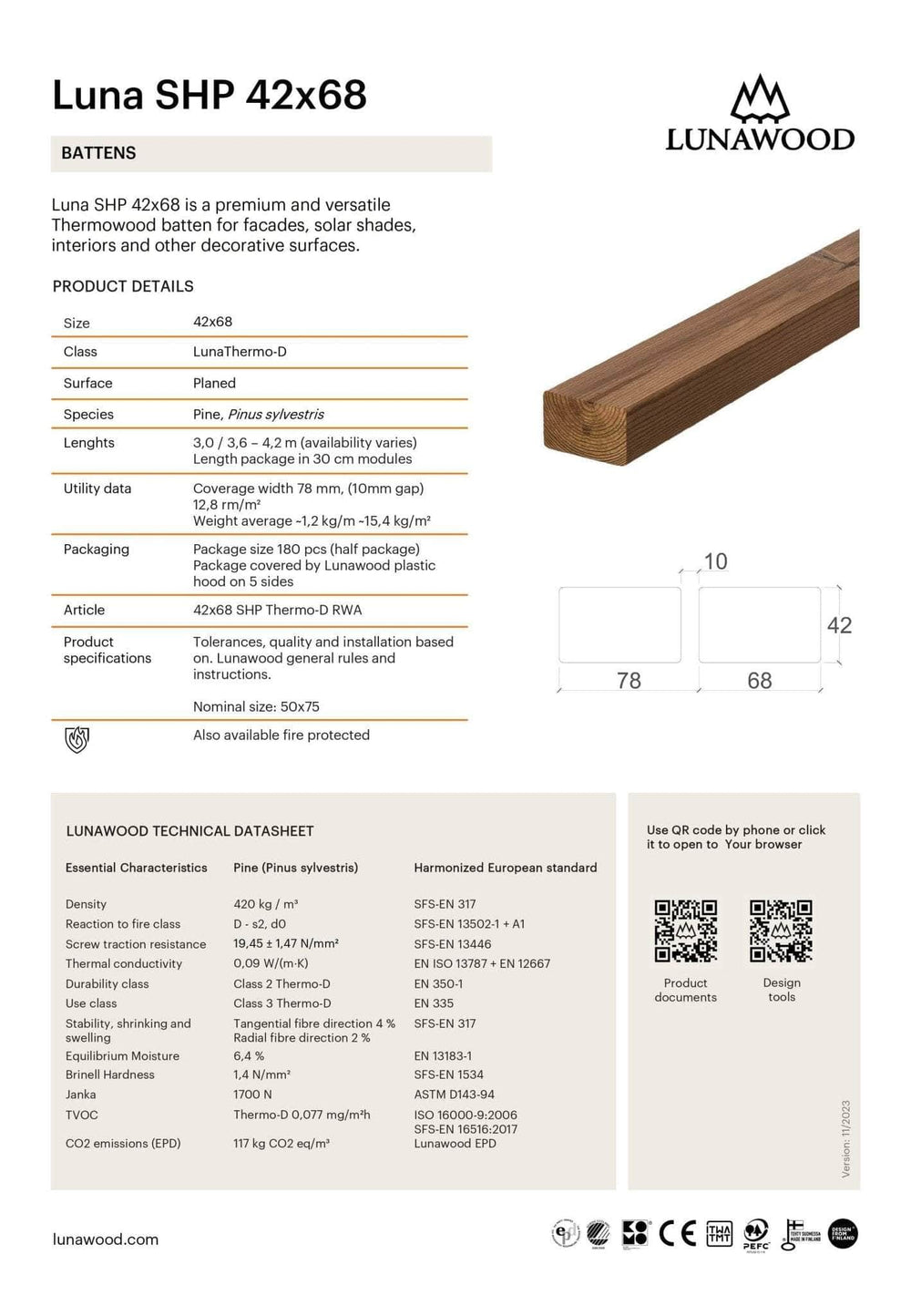 Bardage Epicéa  -  Lambourde pin classe 3 Thermowood - 42x68 - L=2,25m