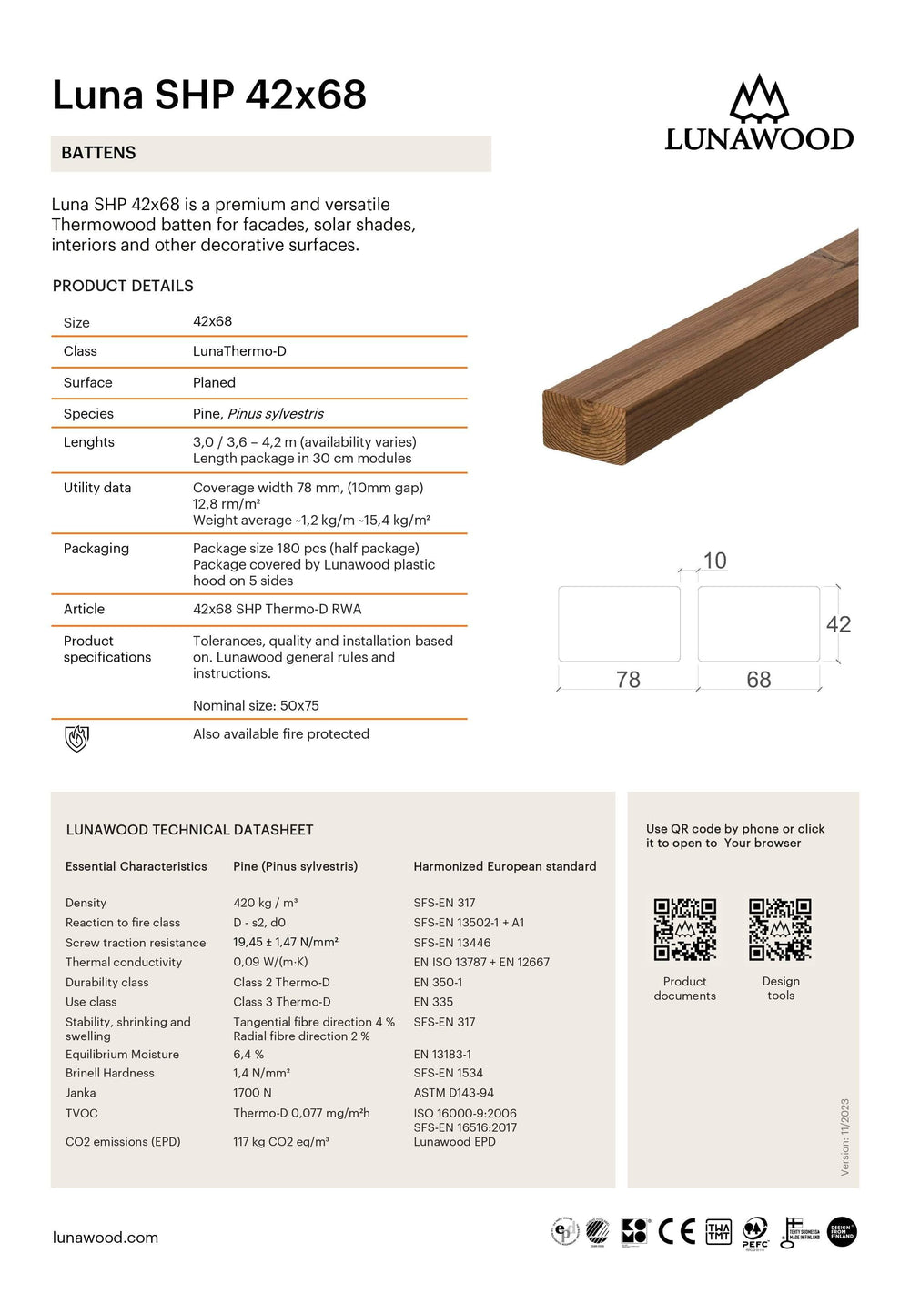 Bardage Epicéa  -  Lambourde pin classe 3 Thermowood - 42x68 - L=3,6m