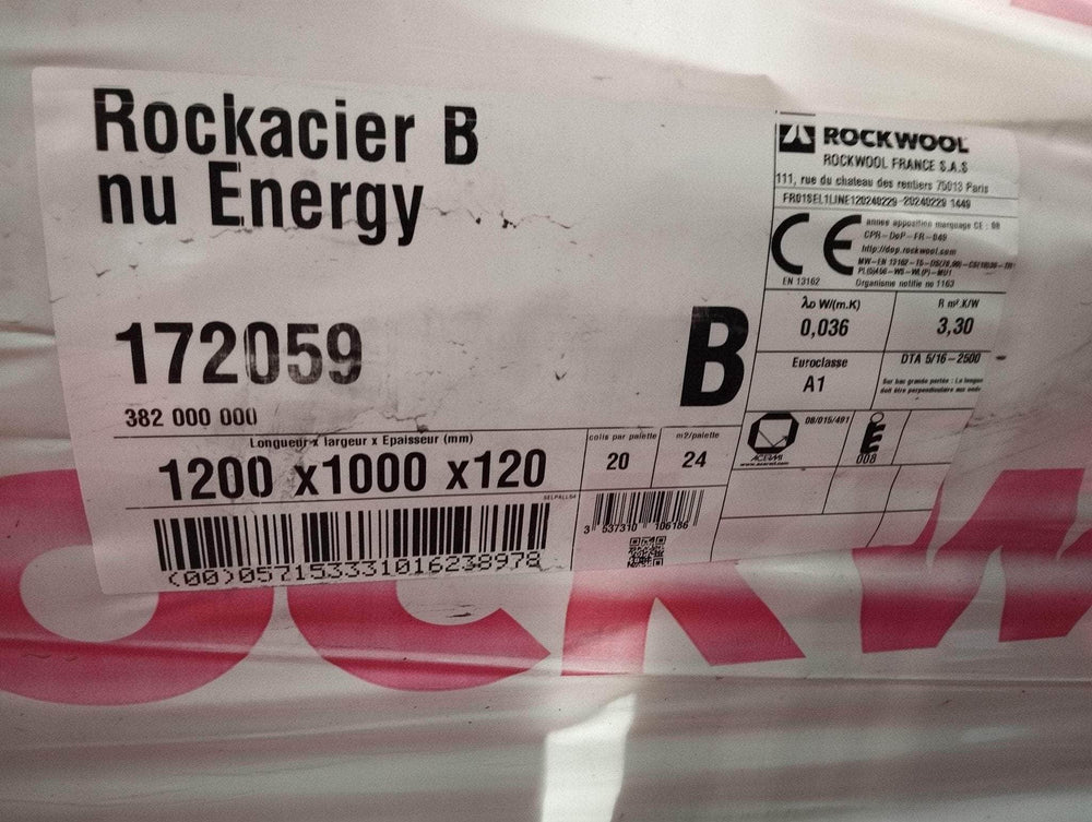 Cloison, isolation (réemploi)  -  Panneau laine de roche Rockacier B nu Energy 1200x1000x120mm