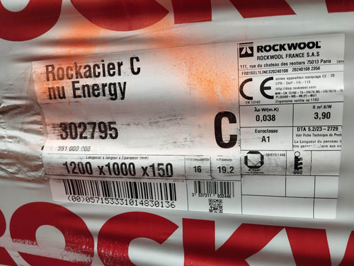 Cloison, isolation (réemploi)  -  Panneau laine de roche Rockacier C nu Energy 1200x1000x150mm