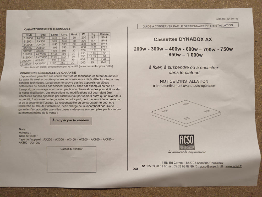 Cassette rayonnante  - 593 x 593 x 30 mm (Dynabox ACSO AX 200)