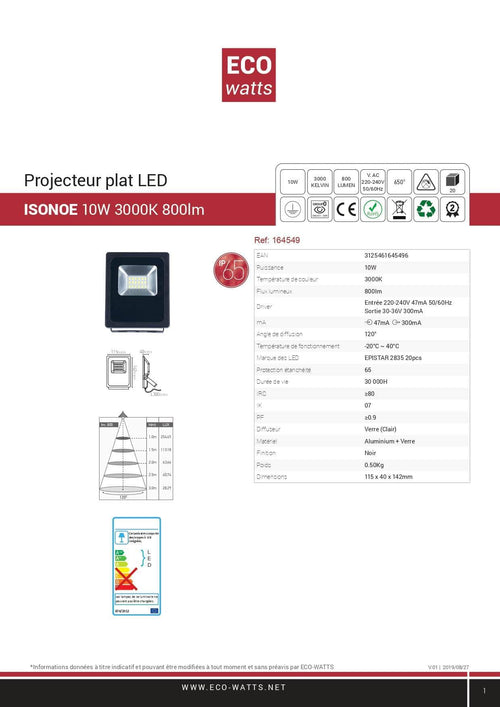 Eclairage  -  Projecteur plat LED Isonoe - Alliage aluminium et verre Noir - 10W 3000k 800lm - IP65 - 115x41x138