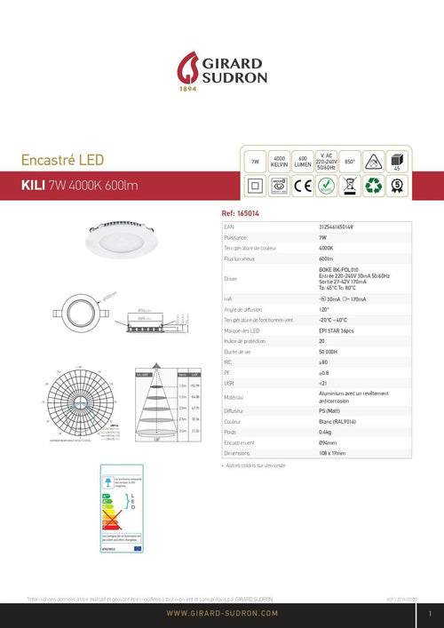 Eclairage  -  Luminaire Encastré LED Kili 120° -  Aluminium - 7W 4000k 600Lm - Enc.Ø94 - Ø108x17