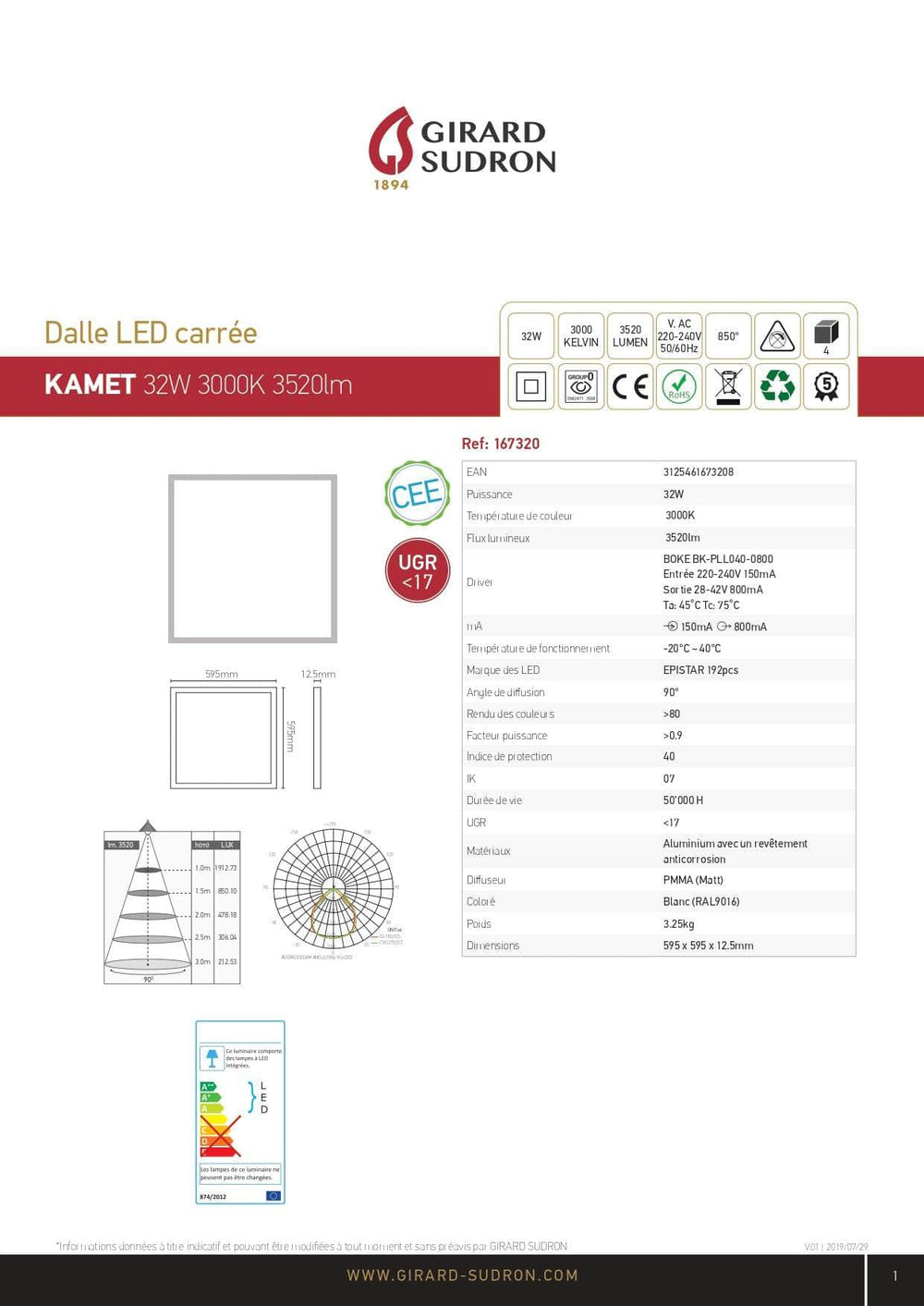 Eclairage  -  Dalle LED Blanche Kamet - 32W 3000K 3520lm - IP2