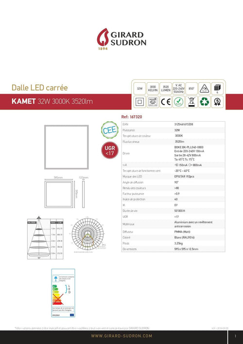 Eclairage  -  Dalle LED Blanche Kamet - 32W 3000K 3520lm - IP2