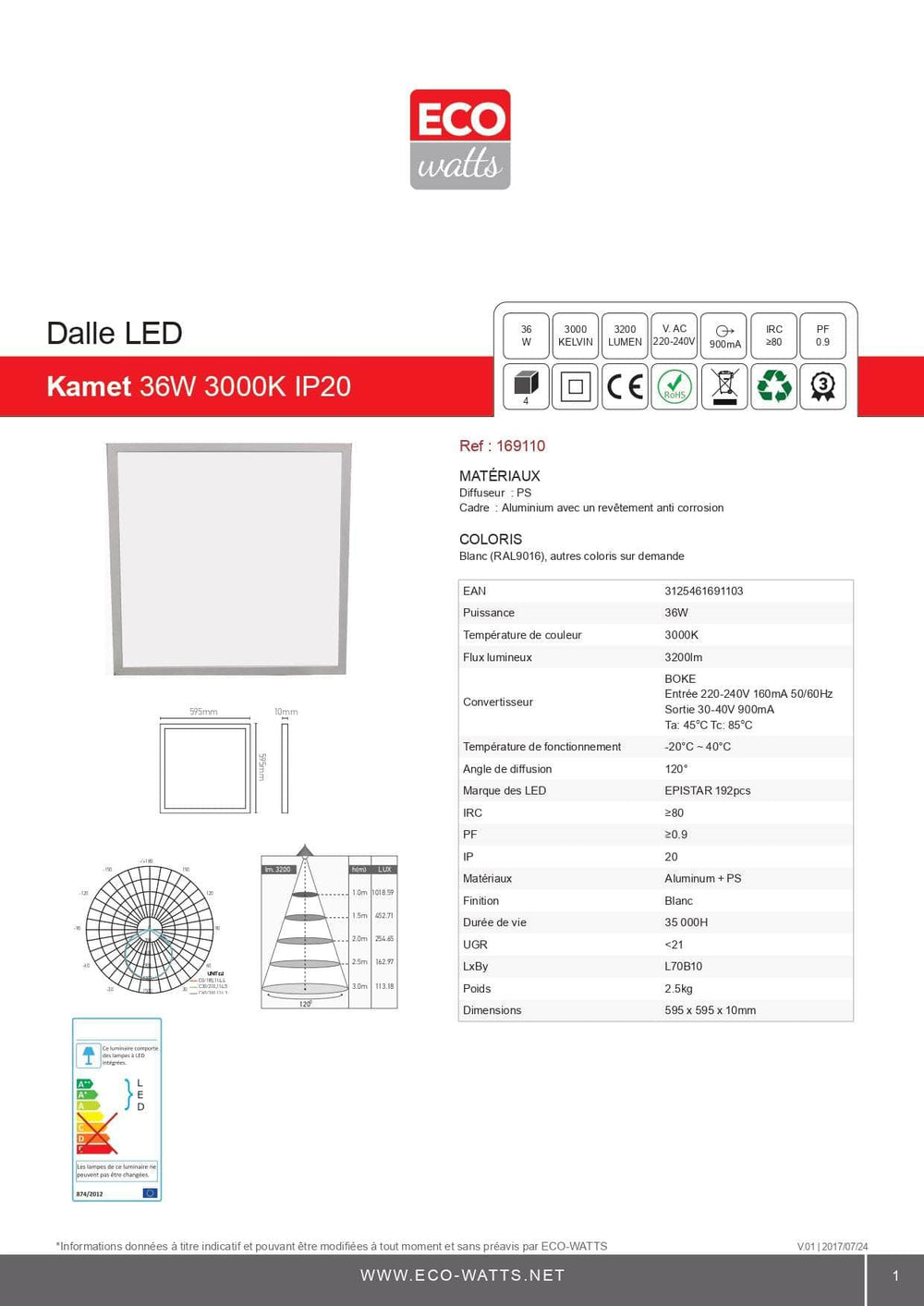 Eclairage  -  Dalle LED Blanche Kamet - 36W 3000K 3200lm - IP2