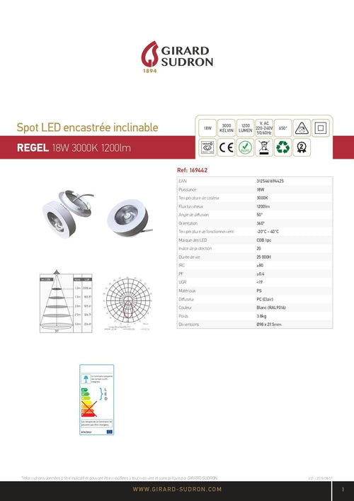 Eclairage  -  Spot LED encastrée inclinable 50° Regel - 18W 3000K 1200lm