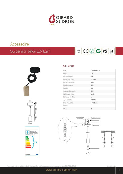 Eclairage  -  Suspension béton gris douille E27 + Pavillon noir + Câble textile noir L.2m - 60W