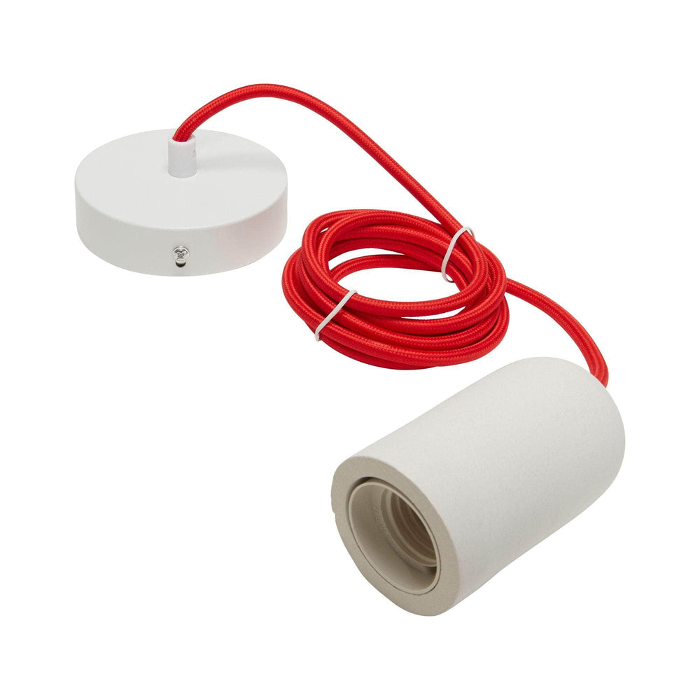 Eclairage  -  Suspension béton blanc douille E27 + Pavillon blanc + Câble textile rouge L.2m - 60W