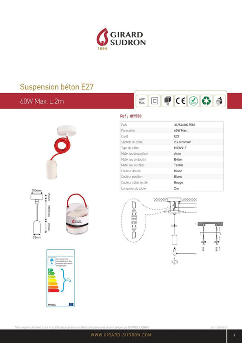 Eclairage  -  Suspension béton blanc douille E27 + Pavillon blanc + Câble textile rouge L.2m - 60W