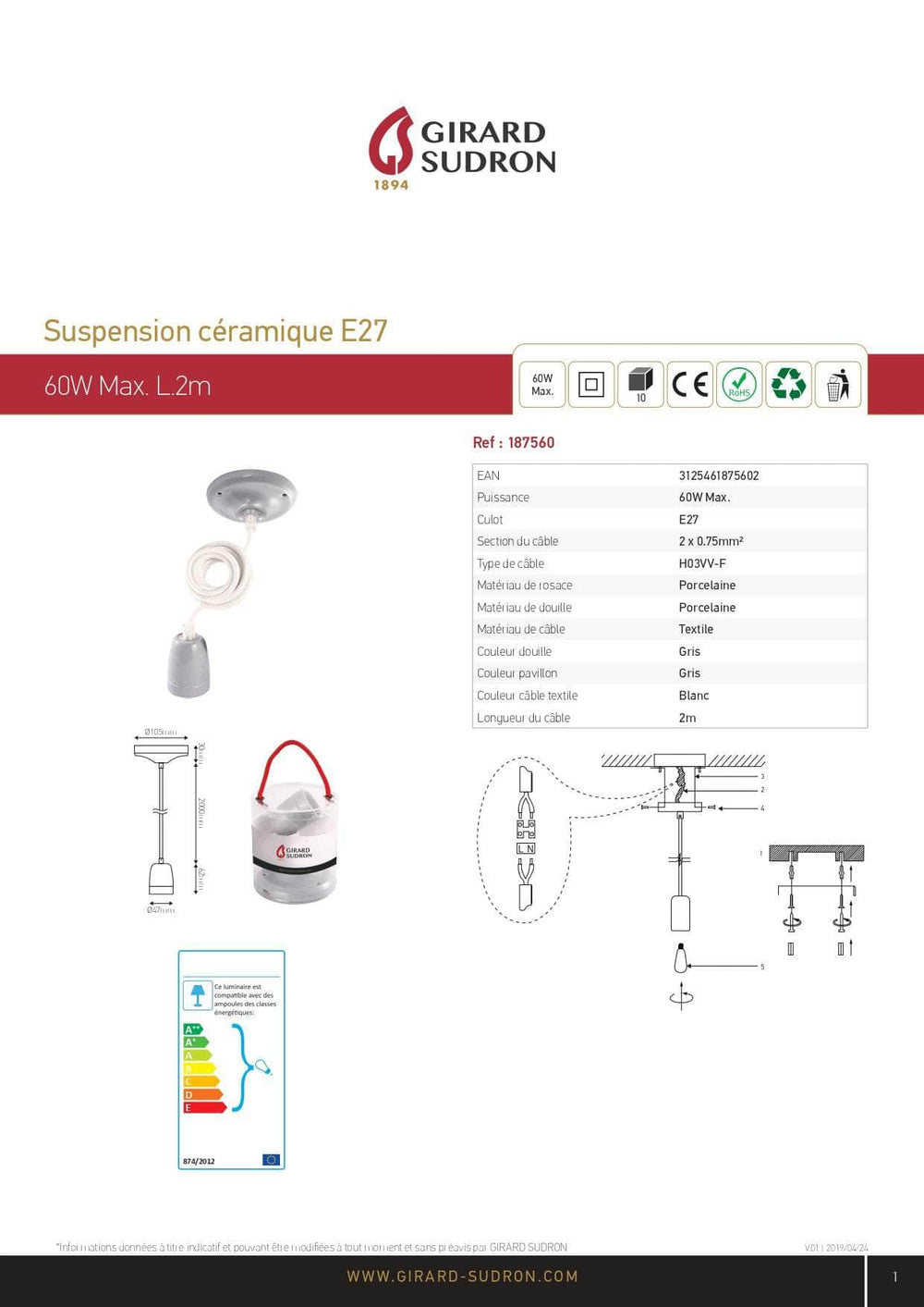 Eclairage  -  Suspension céramique grise douille E27 + Pavillon gris + Câble textile blanc L.2m - 60W