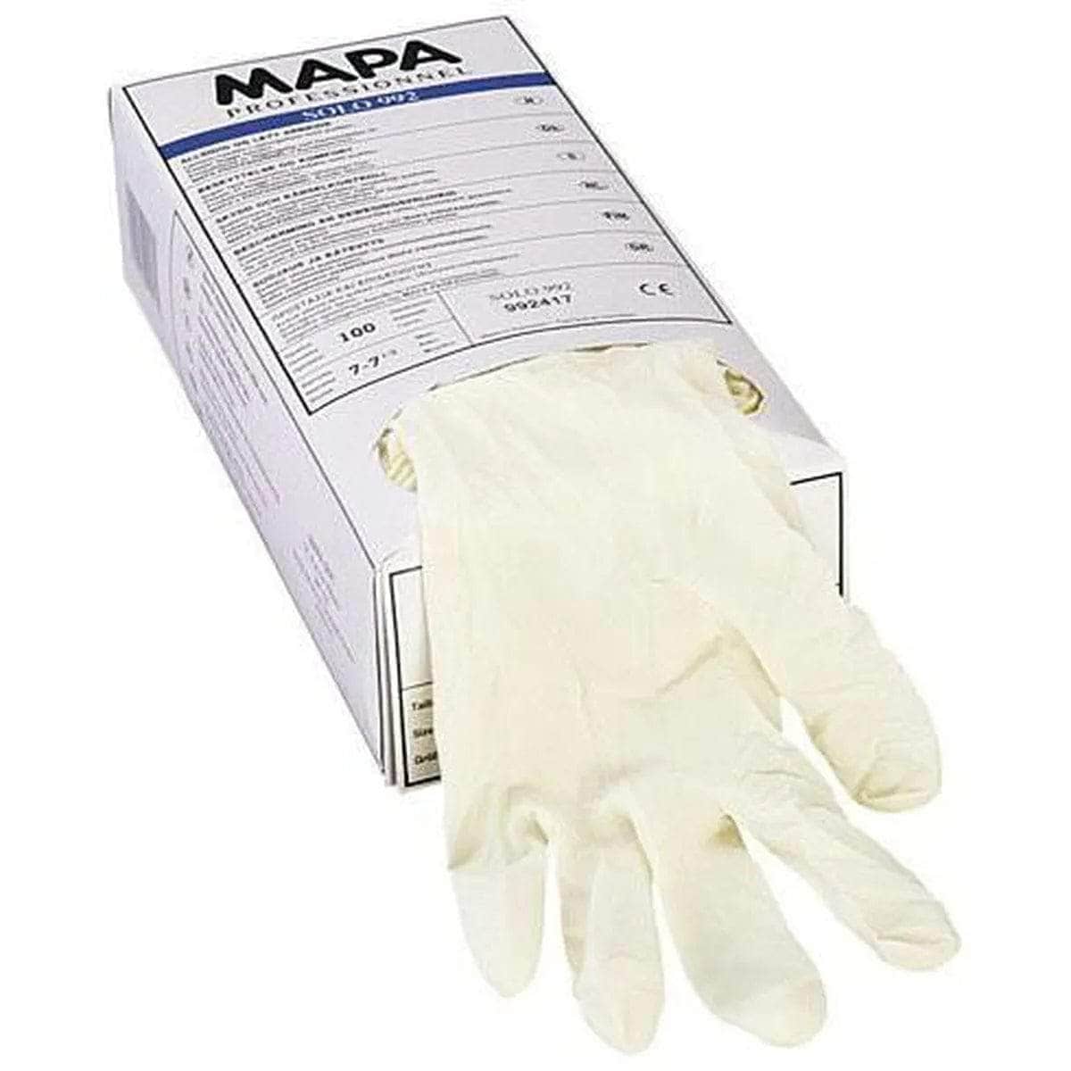 Divers sanitaires  -  Boite de 100 gants à usage unique, poudrés, en latex naturel ref 34992428 MAPA