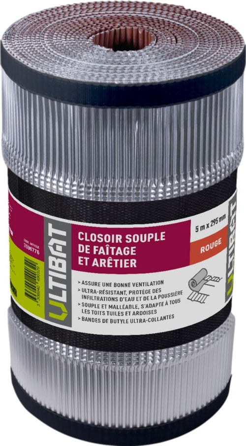 Closoir souple universel de faitage et arêtier - aluminium rouge - rouleau de 5 m x 295 mm