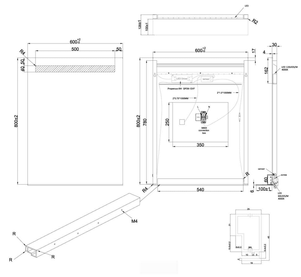 Miroir Salle de Bain  -  Miroir Alterna Dubai éclairage LED avec tablette en verre 60 x hauteur 80 cm