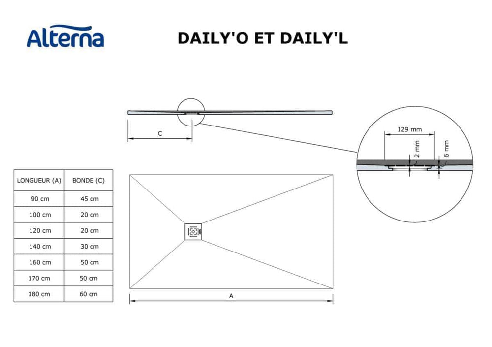 Receveur Alterna Daily'O 180x90cm ardoise blanc