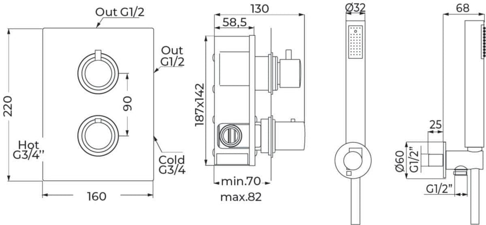 Robinet et colonne  -  Thermostatique douche Alterna Design noir avec kit douchette, encastré vertical avec corps d'encastrement ALTERNA