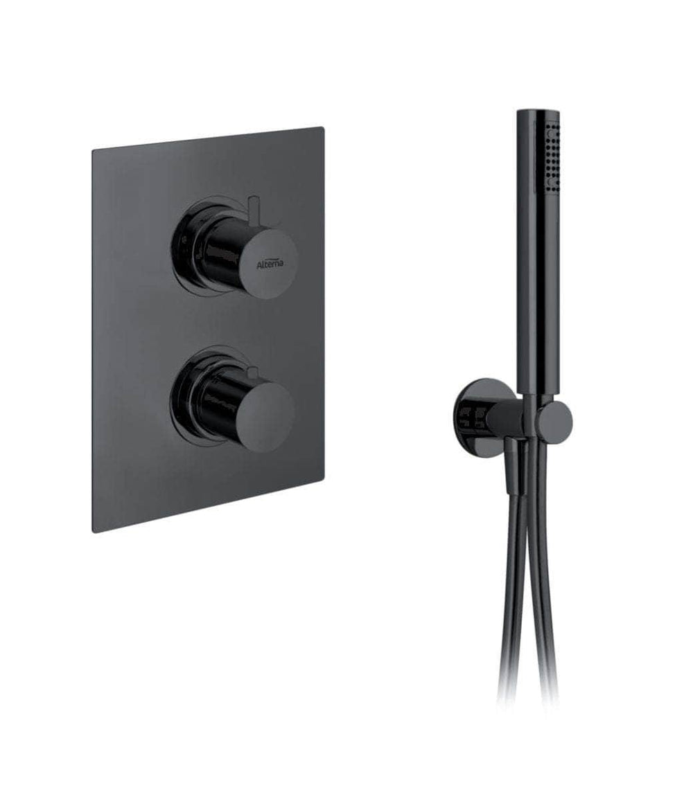 Robinet et colonne  -  Thermostatique douche Alterna Design noir avec kit douchette, encastré vertical avec corps d'encastrement ALTERNA