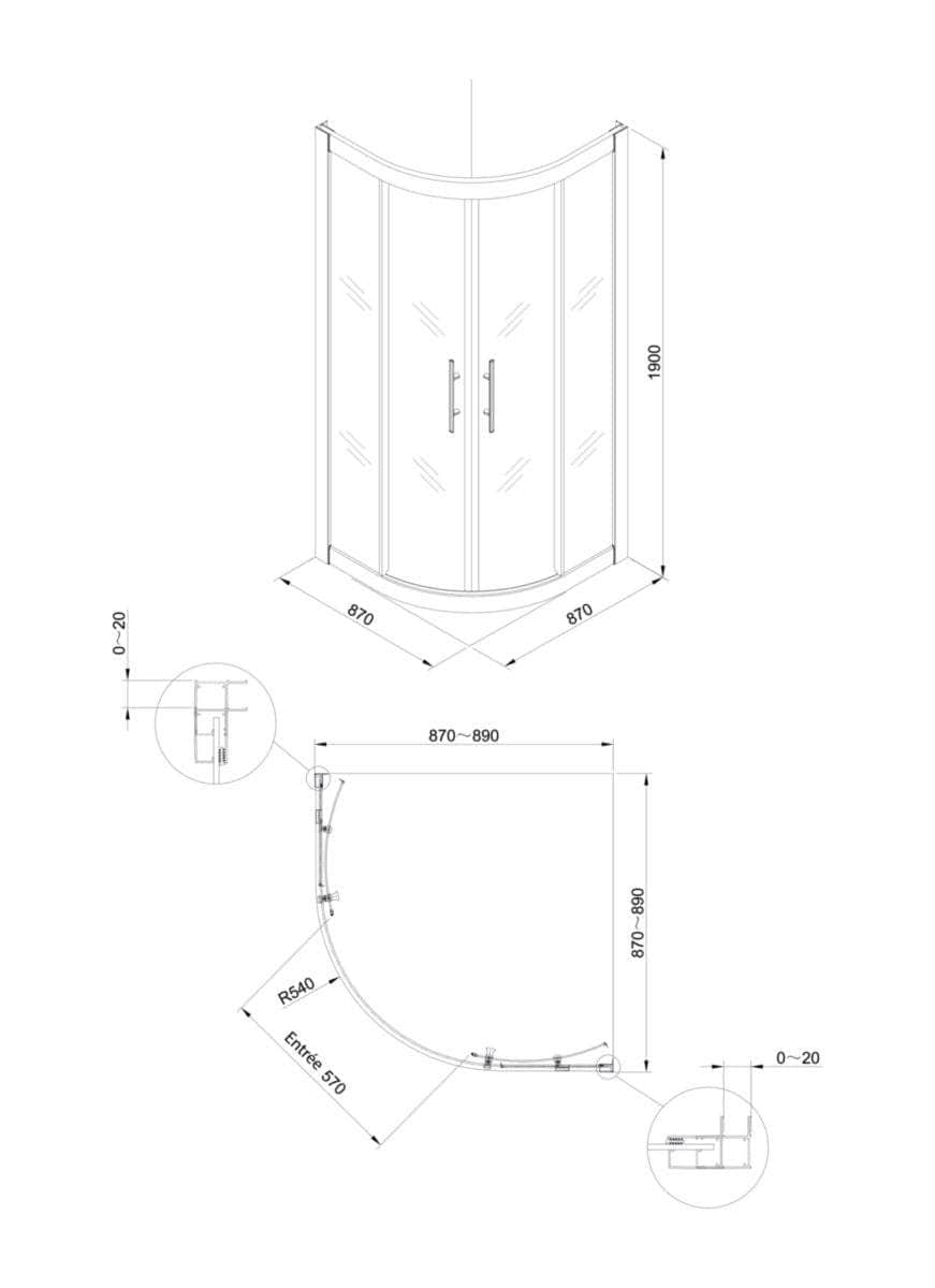 Paroi douche et bain  -  Paroi de douche Alterna Verseau 2, accès d'angle 1/4 de rond, porte coulissante 90 x 90 cm ALTERNA