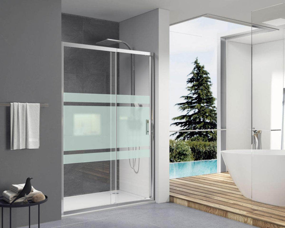 Paroi douche et bain  -  Paroi de douche Alterna Concerto Maxx porte coulissante 2 vantaux extensible de 137 à 161 cm profilé argent brillant verre sérigraphié ALTERNA